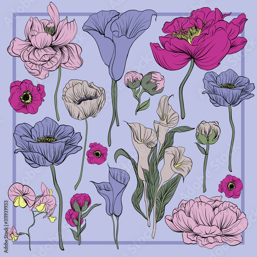 Colorful silk scarf with flowering poppie, orhid and peonies. Green, pink, violet on violet.