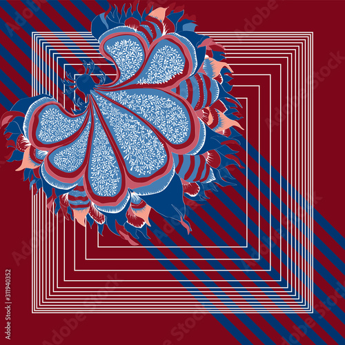 Spring retro floral print. Silk scarf vector graphics. Trend colors Fall 2017
