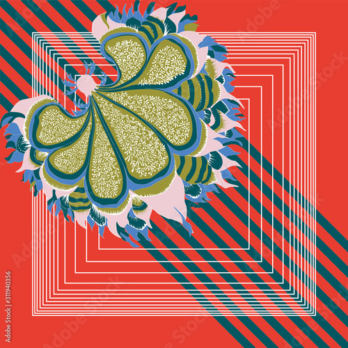 Spring retro floral print. Silk scarf vector graphics. Trend colors Fall 2017