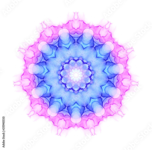Colorful watercolor flower mandala pattern isolated on white background. Kaleidoscope effect.