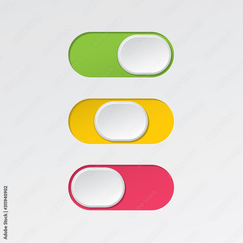 On and Off Blank Oval Toggle Switch Buttons Set Modern Devices User Interface Mockup or Template - Green Red and Yellow on White Background - Gradient Graphic Design On and Off Blank Oval Toggle Switch Buttons Set Modern Devices User Interface Mockup or Template - Green Red and Yellow on White Background - Gradient Graphic Design
