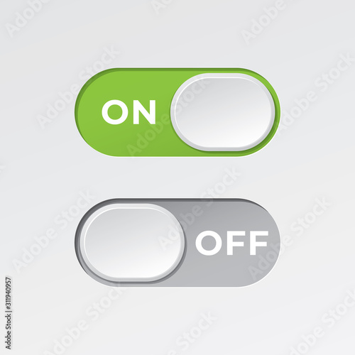 On and Off Oval Toggle Switch Buttons with Lettering Modern Devices User Interface Mockup or Template - Green and Grey on White Background - Gradient Graphic  Design