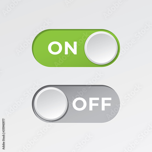 On and Off Toggle Switch Buttons with Lettering Modern Devices User Interface Mockup or Template - Green and Grey on White Background - Gradient Graphic Design photo