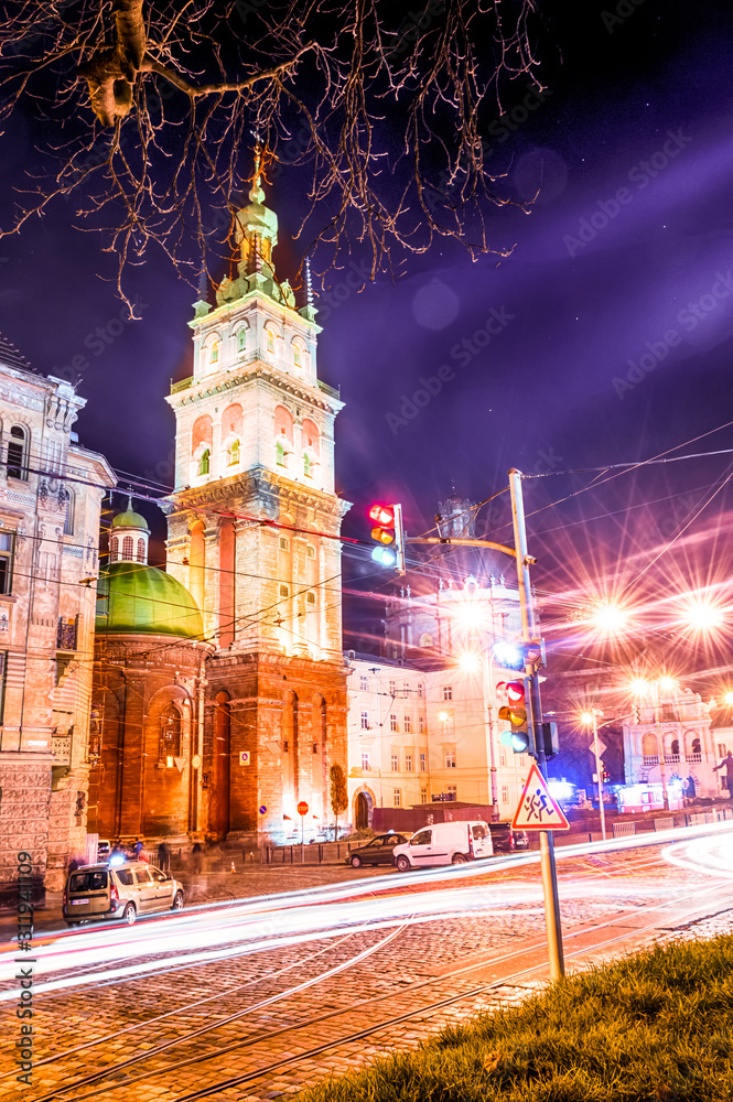 Night Lviv old city architecture in the Christmas