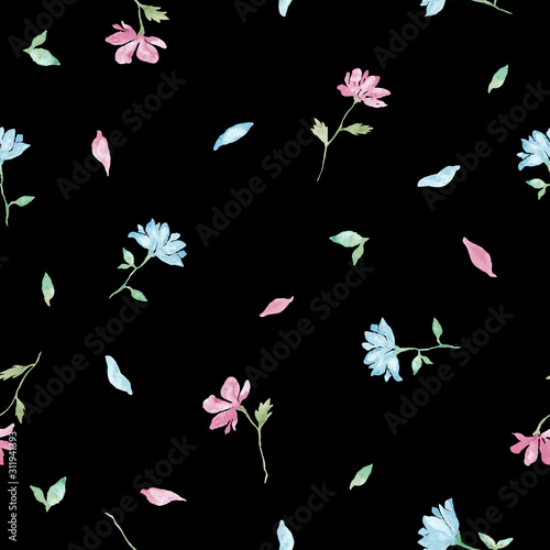 Blue and pink little flowers watercolor painting - hand drawn seamless pattern on black