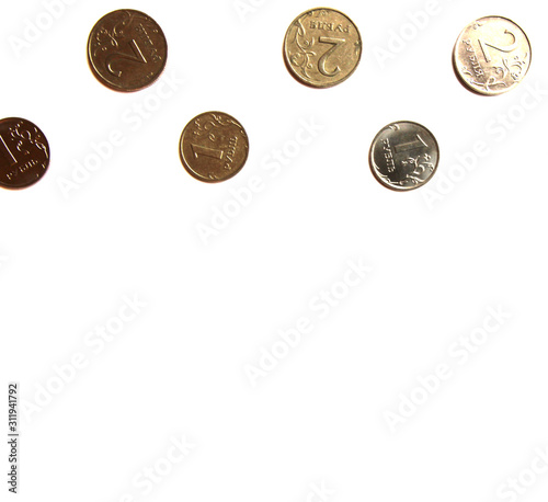 Several Russian coins lie on a white isolated background at the top. Shiny Russian metal money. Place for text.