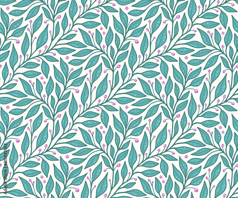 Leaf and berry branch vine seamless vector pattern