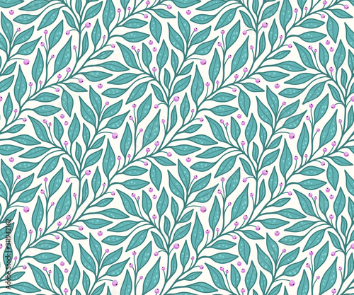 Leaf and berry branch vine seamless vector pattern