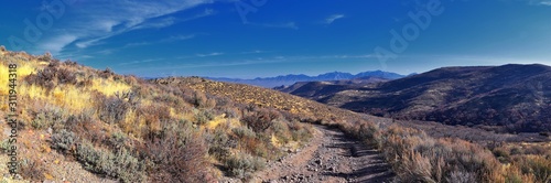 Hiking Trails in Oquirrh, Wasatch, Rocky Mountains in Utah Late Fall with leaves. Backpacking, biking, horseback through trees in the Yellow Fork and Rose Canyon by Salt Lake City. United States of Am © Jeremy