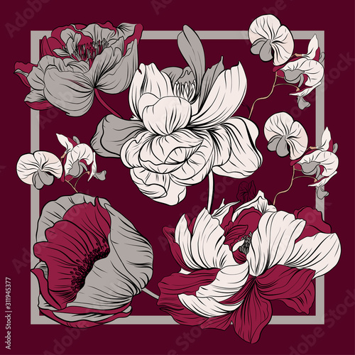Colorful silk scarf with flowering poppy, orchid and peonies.