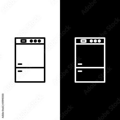 Set line Refrigerator icon isolated on black and white background. Fridge freezer refrigerator. Household tech and appliances.  Vector Illustration