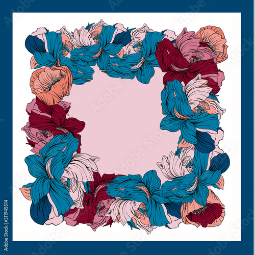 Colorful silk scarf with flowering poppy and peonies. White, blue, violet on pink.