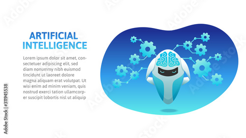Artificial intelligence with high technology, modern robot with artificial mind processes information. Vector flat illustration for background and advertising poster