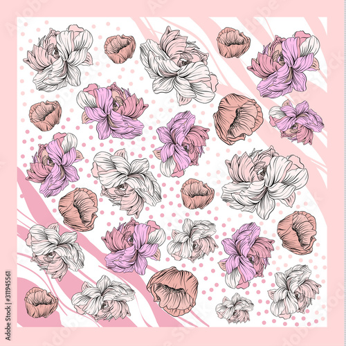 Colorful silk scarf with flowering poppy and peonies. Pink, violet on white. Batik technique