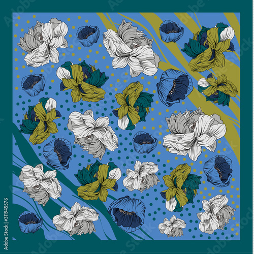 Colorful silk scarf with flowering poppy and peonies. Grey, green, blue and white. Batik technique