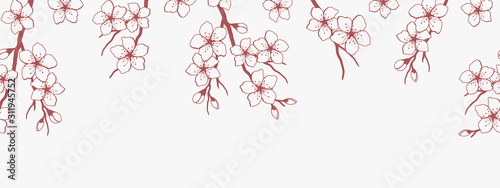 Seamless border with blossoming branches of cherry. Red silhouette of a cherry branch with flowers on a white background. Spring floral background. Vector illustration