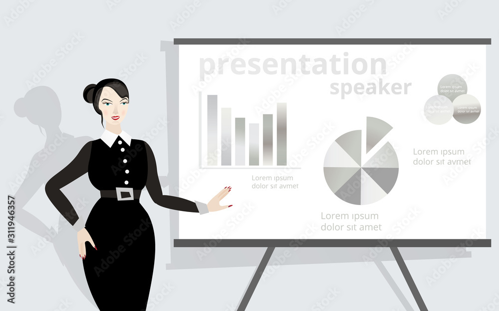 Cartoon beautiful smiling woman presentation speaker near board with graphs, business lady, vector illustration Cartoon beautiful smiling woman presentation speaker near board with graphs, business lady, vector illustration