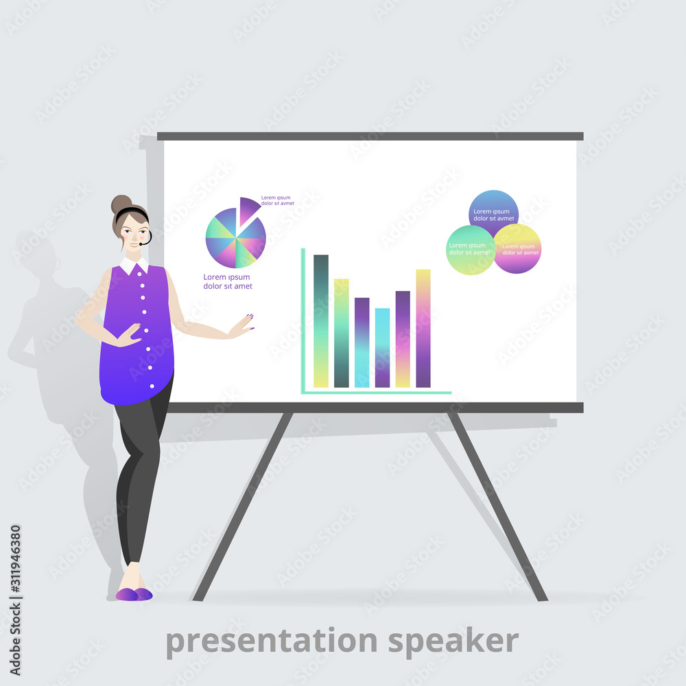 Cartoon beautiful smiling woman presentation speaker near board with graphs, business lady, vector illustration Cartoon beautiful smiling woman presentation speaker near board with graphs, business lady, vector illustration