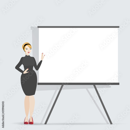 Cartoon beautiful blond smiling woman presentation speaker near board with graphs, business lady,