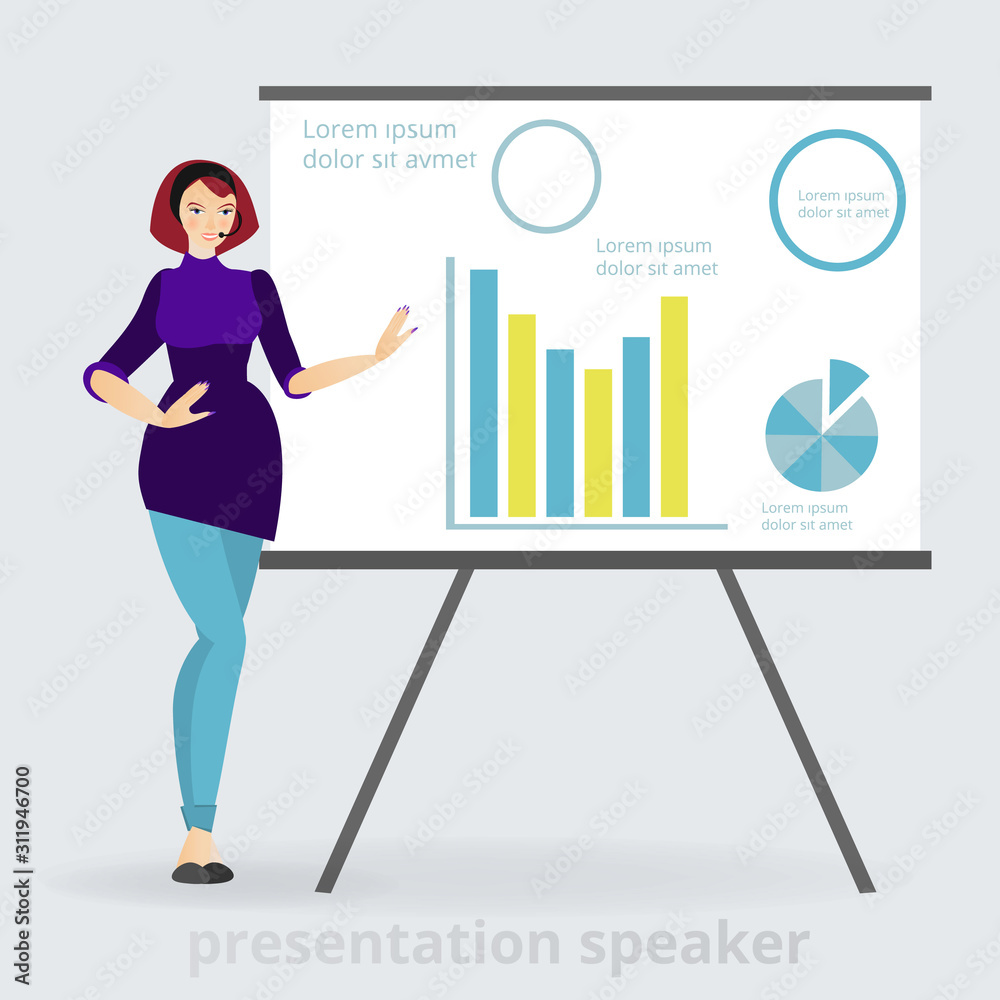 Cartoon beautiful smiling woman presentation speaker near board with graphs, business lady, vector illustration Cartoon beautiful smiling woman presentation speaker near board with graphs, business lady, vector illustration