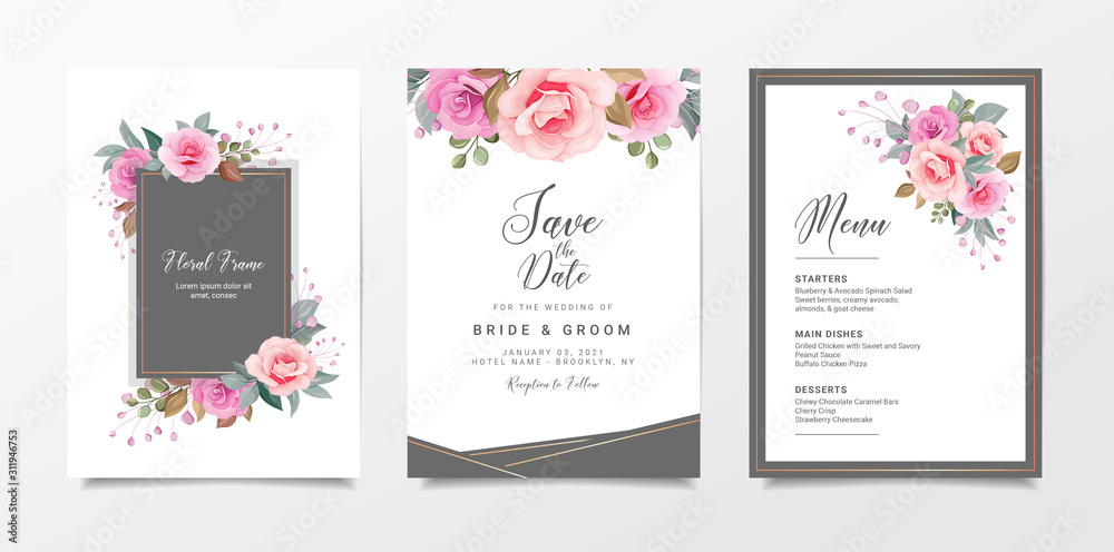 Elegant wedding invitation card template set with floral frame and border. Roses and leaves botanic illustration for background, save the date, invitation, greeting card, poster vector