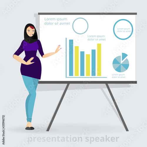 Cartoon beautiful smiling Arab woman with hijab presentation speaker near board with graphs