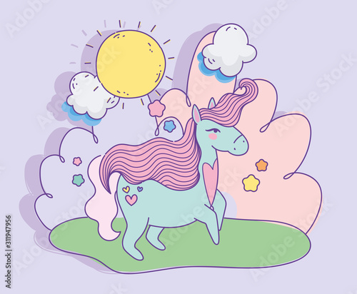 unicorn with heart love sunny day clouds fantasy magic cartoon