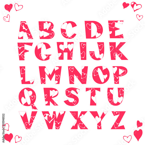 English alphabet with patterns of hearts. Set of capital letters with red shapes on white. 