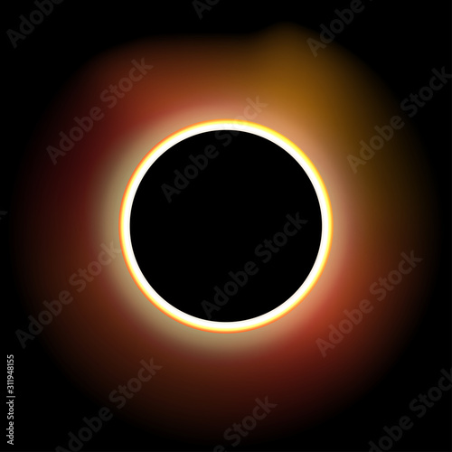 Solar annular eclipse on the black sky background. Astronomical scientific phenomenon of a moon disk covering the sun. Vector illustration of a beautiful natural sight. Solar corona with bright rays.