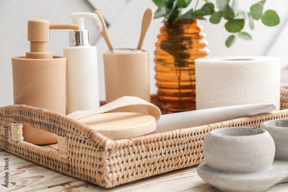 Set of bath accessories on wooden table Set of bath accessories on wooden table