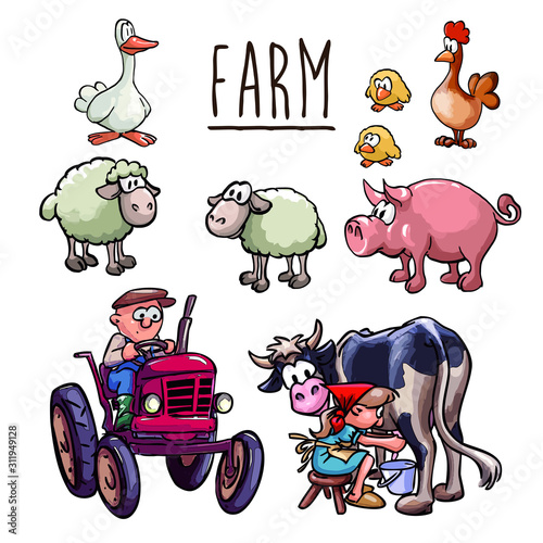cartoon illustration - farmer driving a tractor, a peasant woman milking cow and set of farm animals (hen, chickens, sheep, goose and pig) - isolated, white background, vector