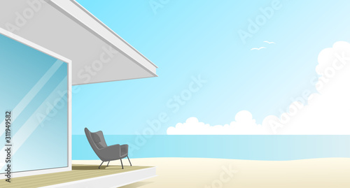 Vector of one-story vacation home Modern style by the sea With a wooden terrace The structure is made of steel and decorated with a lounge chair.