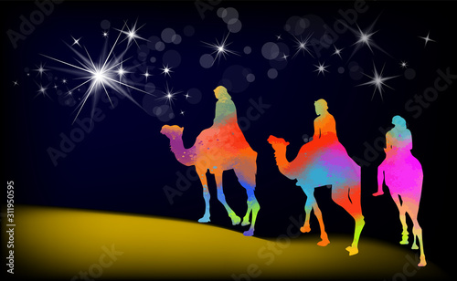 Christmas star camels with the Magi. Mixed media. Vector