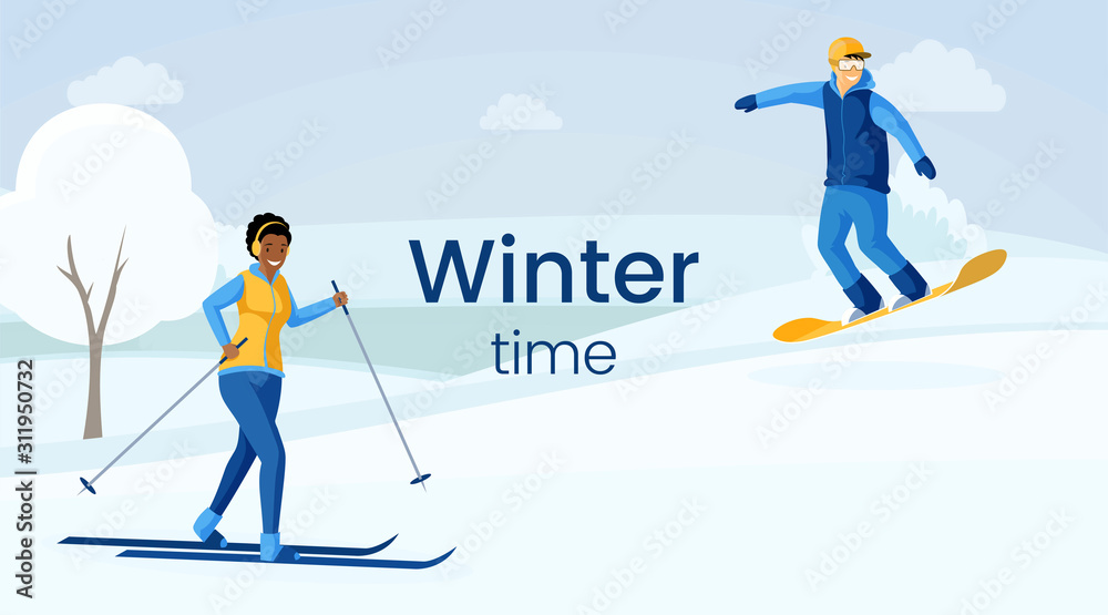 Winter time flat color illustration. African american girl skiing, caucasian man skateboarding, people enjoying outdoor sport cartoon characters. Skiing resort, winter activities banner design