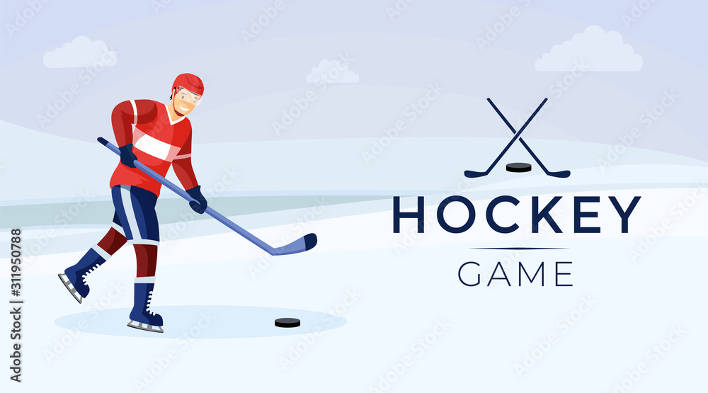 Hockey game flat color banner template. Active lifestyle, team wintersport illustration with logotype and inscription. Male hockey player, young sportsman enjoying sport cartoon character