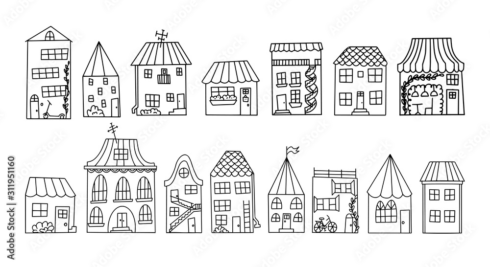Black and white doodle style houses. Set of cute houses drawn by hand.Contour drawing of the houses of a small town.
