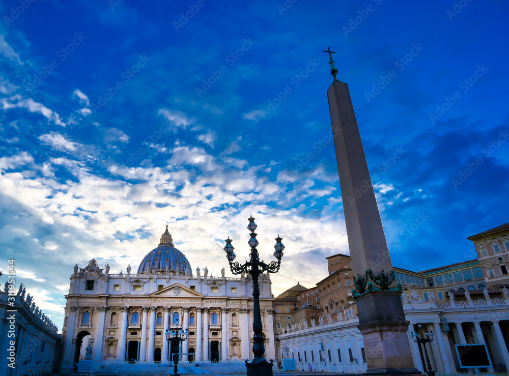 St. Peter's Basilica and St. Peter's Square located in Vatican City near Rome, Italy.