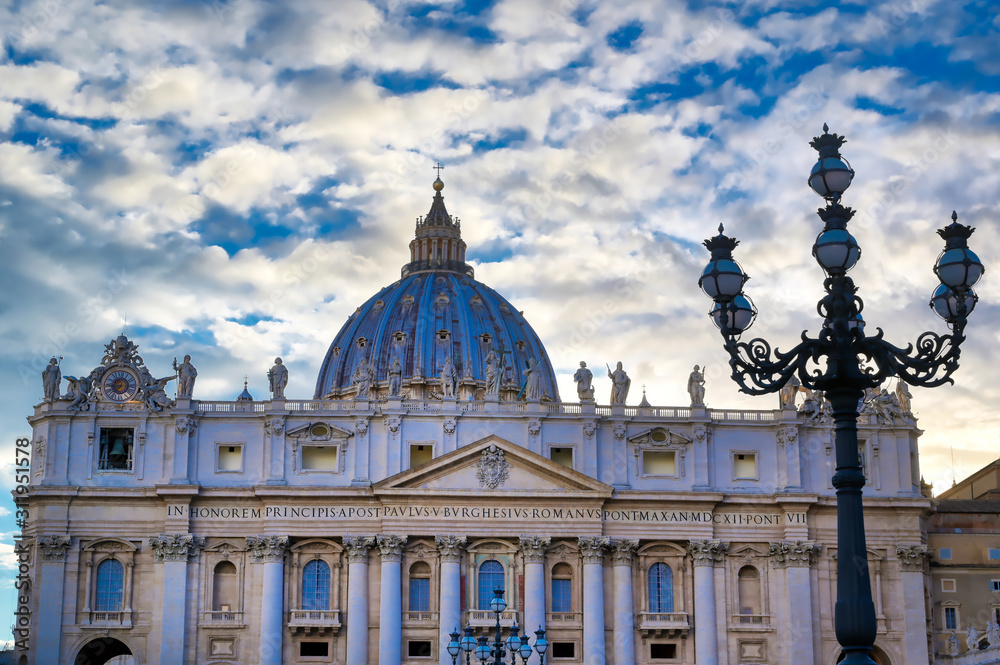 St. Peter's Basilica and St. Peter's Square located in Vatican City near Rome, Italy.