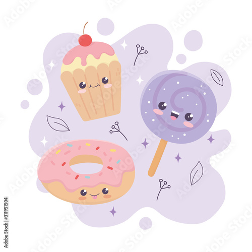 kawaii sweet donut lollipop and cupcake dessert cartoon