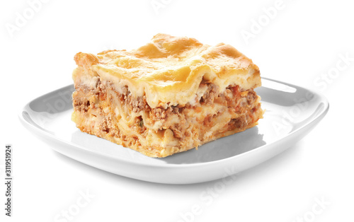 Plate with prepared lasagna on white background