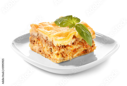 Plate with prepared lasagna on white background
