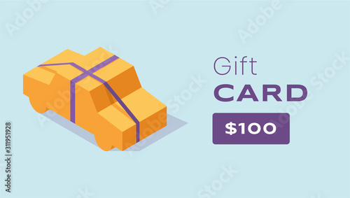 Gift card, special offer coupon template. Holiday discount voucher with wrapped car on blue background. Shopping certificate layout, horizontal banner with gift box, present vector design