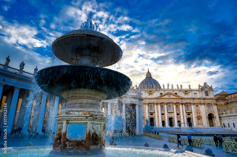 St. Peter's Basilica and St. Peter's Square located in Vatican City near Rome, Italy.