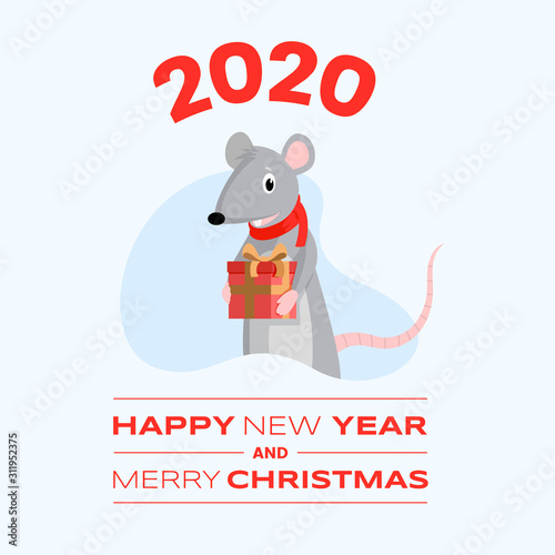 Cute rat greeting card cartoon template. 2020 happy New Year and Merry Christmas wish red inscription and adorable mouse holding gift box. Social media banner, winter holiday postcard © Pavlo Plakhotia