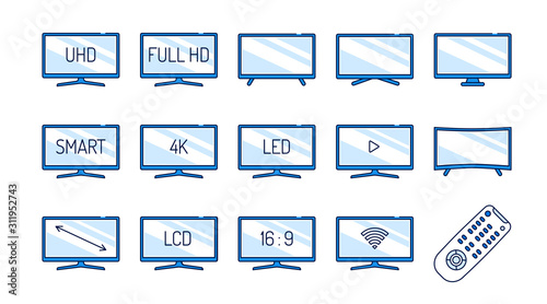 TV color line icons set. Receive broadcasting signals and change them into pictures and sound. Different types of tv displays. Pictogram for web page, mobile app, promo. Editable stroke.