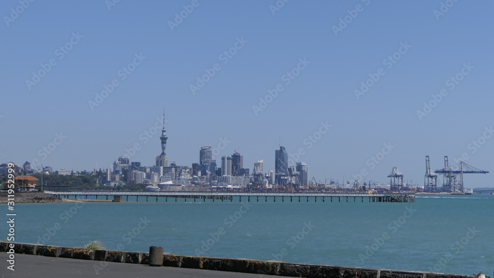  Christmas Day of downtown Auckland wharf and viaduct in New Zealand