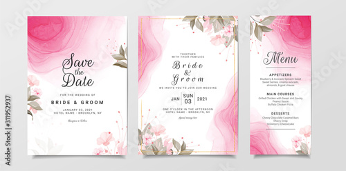 Wedding invitation card template set with floral frame and pink liquid background. Botanic decoration for background, save the date, invitation, greeting card, poster vector