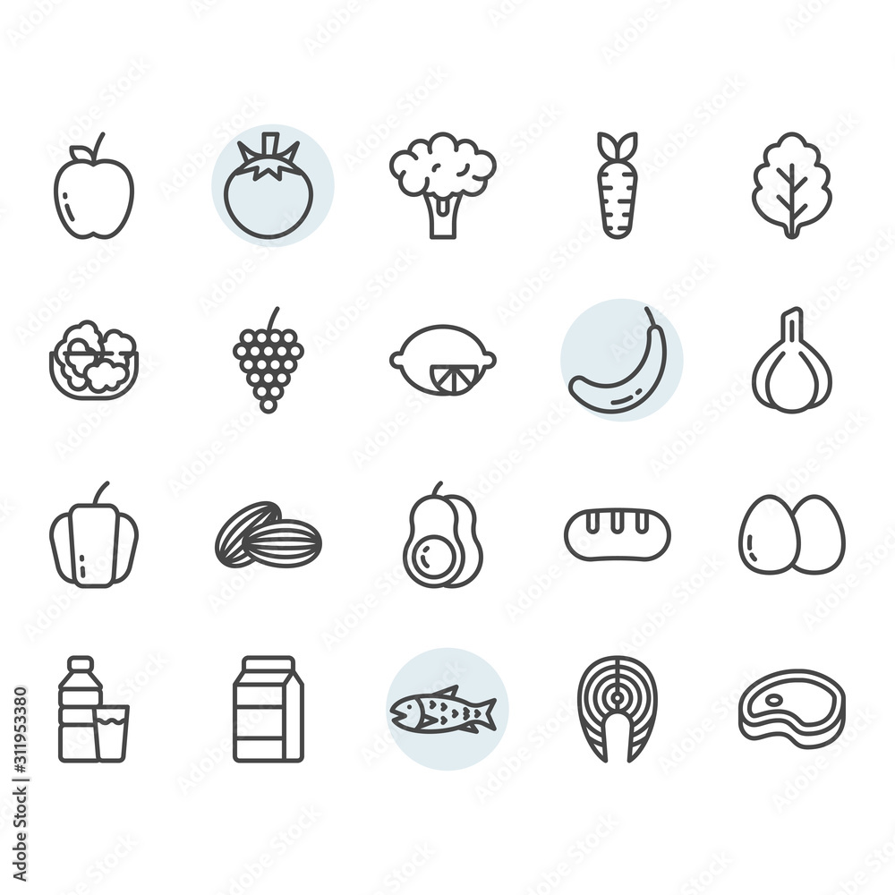 Fruits related icon and symbol set in outline design Fruits related icon and symbol set in outline design