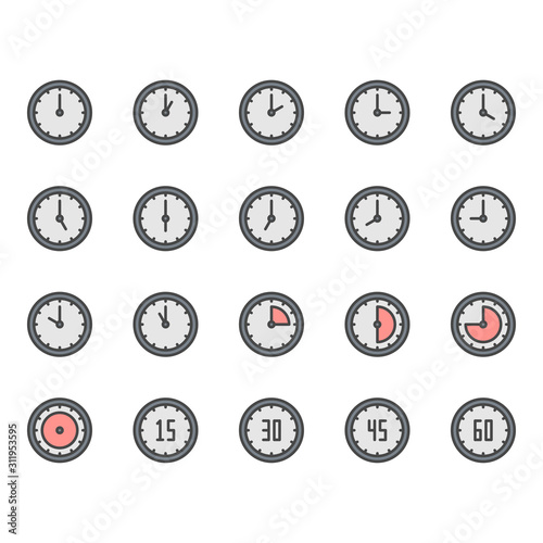 Time and clock icon and symbol set in color outline design
