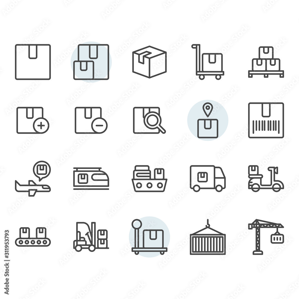 Package delivery and logistic related icon and symbol set in outline design.